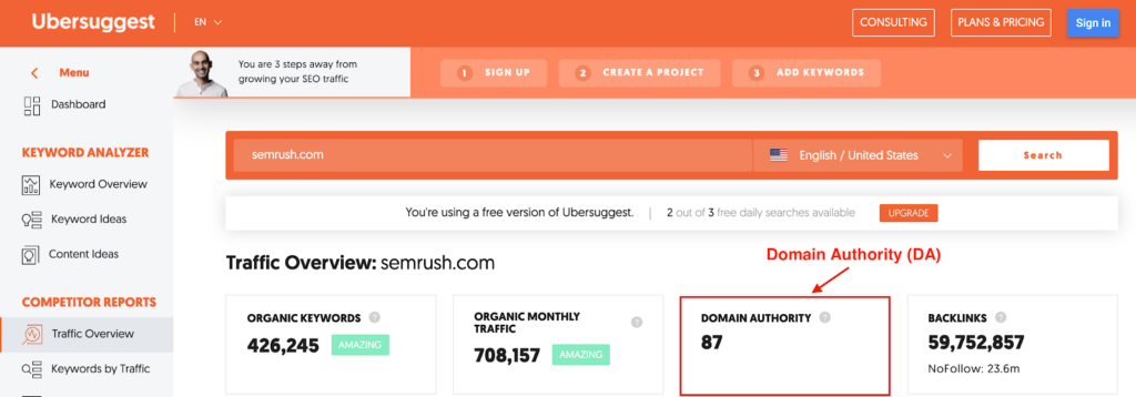 Screenshot of Ubersuggest's tool highlighting Domain Authority (DA)